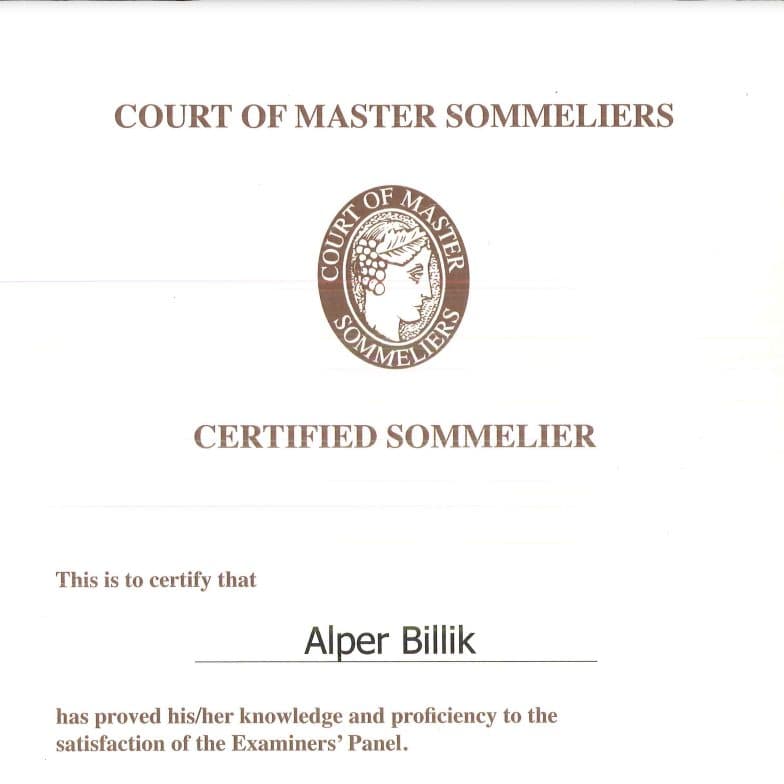 Alper Billik's Certified Sommelier certificate from the Court of Master Sommeliers