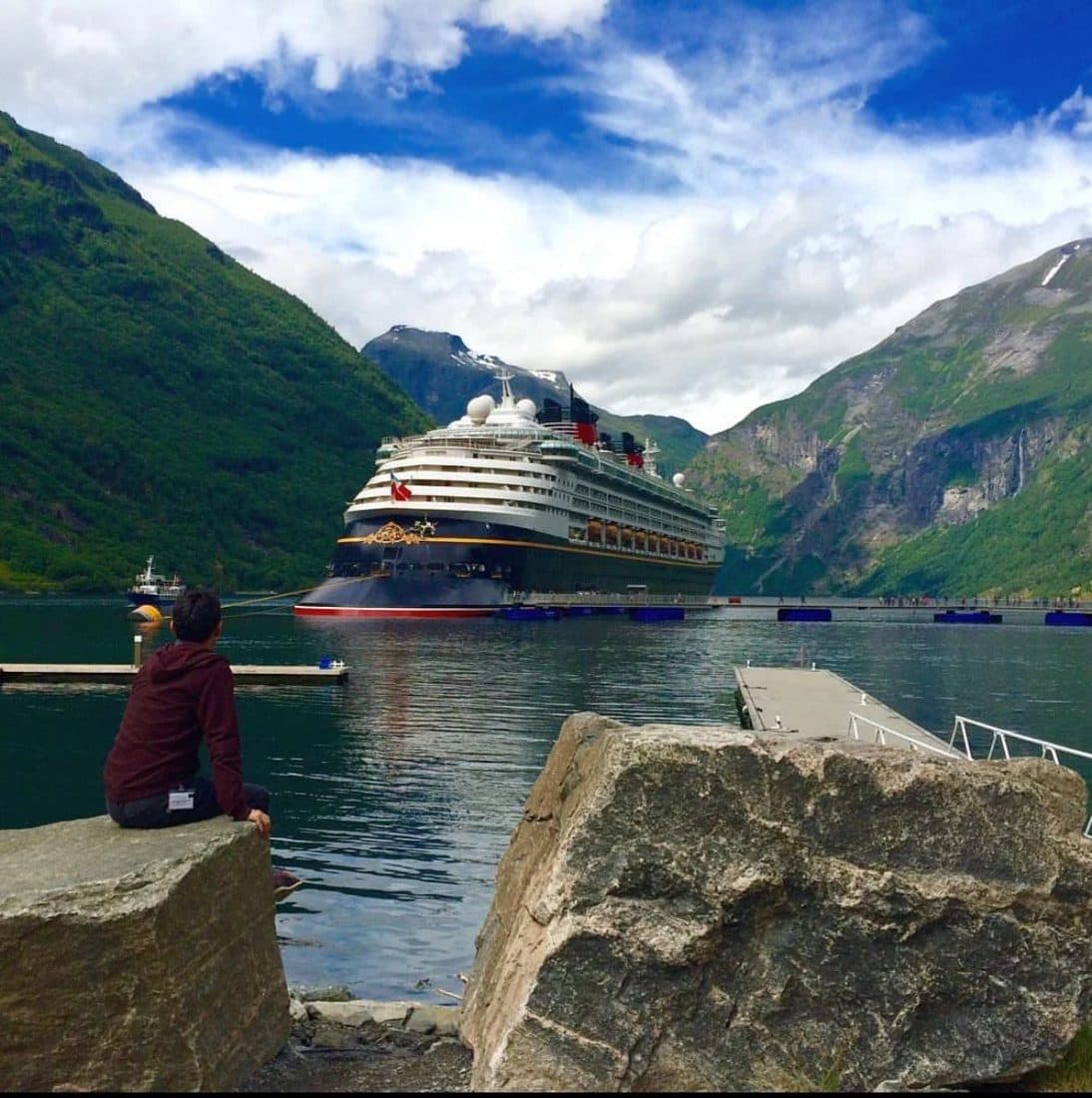 A cruise ship in a Norwegian fjord, seen from the shore